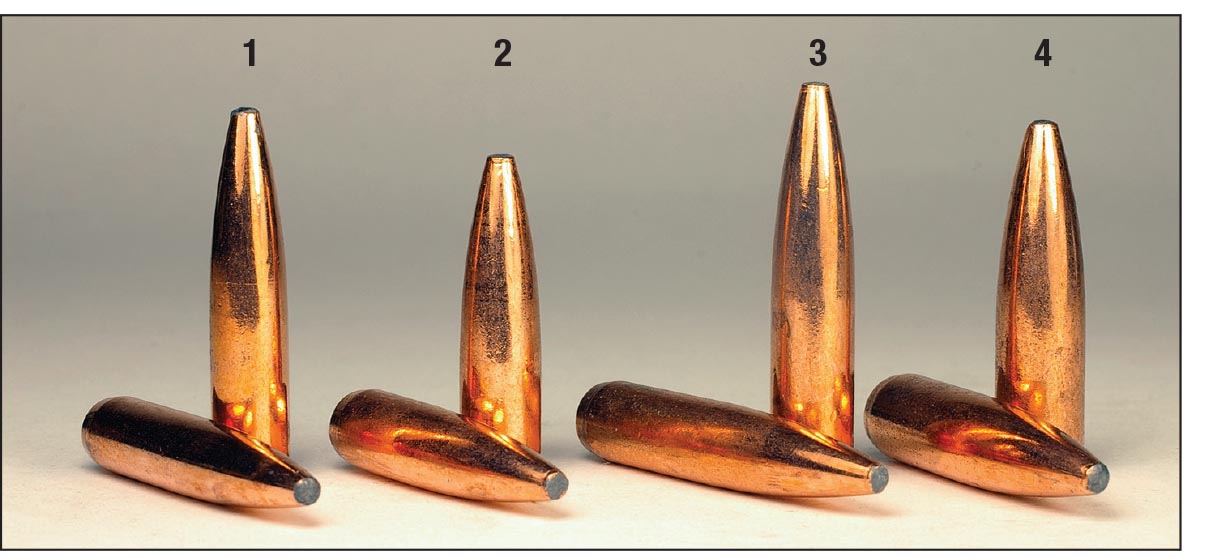 Federal has been loading Fusion bullets for years in its factory loads. Component bullets include a (1) 6.5mm 140-grain example, (2) .270 130 grain, (3) 7mm 175 grain and a (4) .308 180-grain bullet.